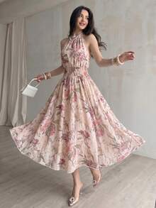 Modelyn Đầm chữ A không tay in họa tiết nhuộm tie-dye kỹ thuật số dành cho nữ, kiểu cổ yếm buộc dây. - Nhiều màu - Xem 2