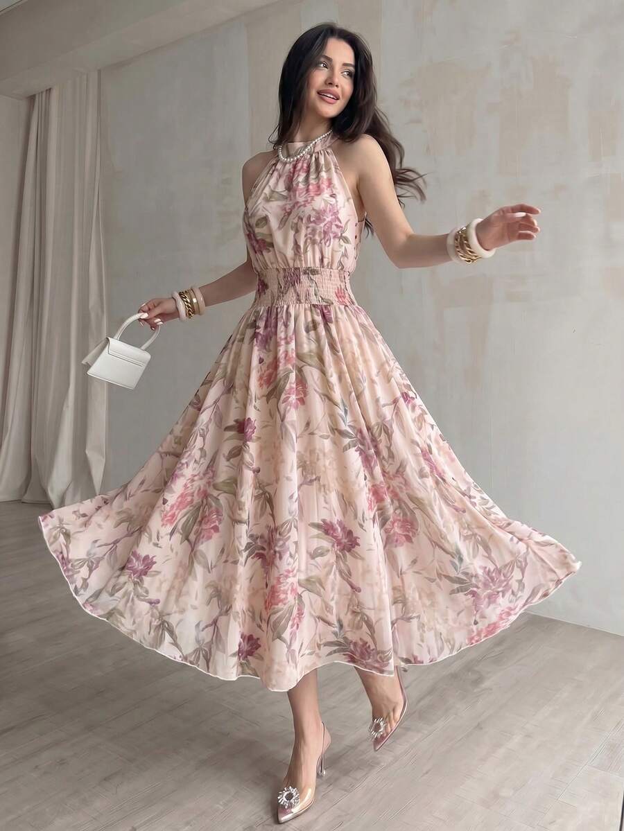 Modelyn Đầm chữ A không tay in họa tiết nhuộm tie-dye kỹ thuật số dành cho nữ, kiểu cổ yếm buộc dây.