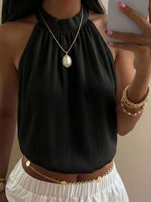 DAZY Women Business Casual Solid Halter Neck Blouse Sexy Women Tops Going Out Tops - Black - View 7