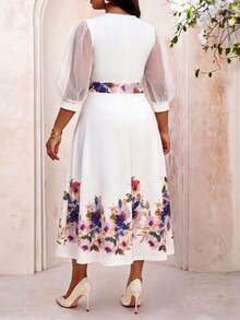 SHEIN Lady Vestido elegante de fiesta de talla grande con estampado floral y parches de malla - Multicolor - Ver 2