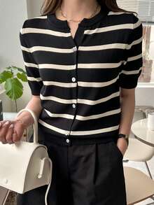 DAZY Striped Button Front Cardigan,Short Sleeve Tops,Fall Clothes - Black - View 2