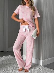 SHEIN Ribbad pyjamas med mån- och stjärnmönster för kvinnor, långärmad topp och byxor, mjukt pyjamasset - Rosa - Visa 4