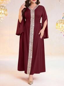 Al Najma Vestido de mujer de talla grande con estilo elegante árabe, parches y abertura en las mangas - Burdeos - Ver 3