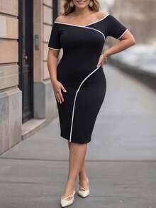 Velvienne Sexy Retro Black & White Elegant Off-Shoulder Plus Size Dress For Commuting - Black and White - View 3