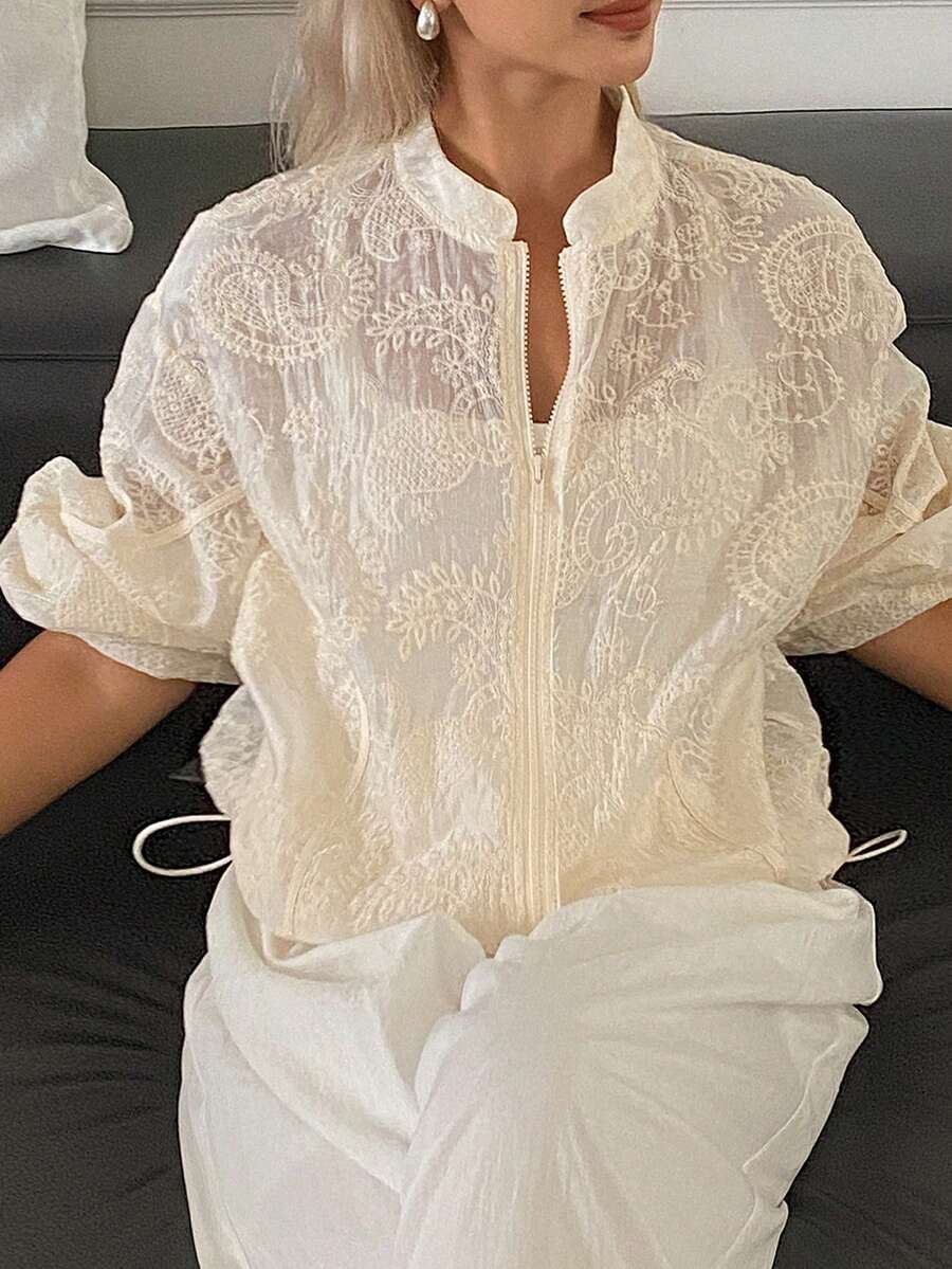 Livesso 女款半高領常規夾克,抽褶下擺與紋理面料 - 白色 - 查看 1
