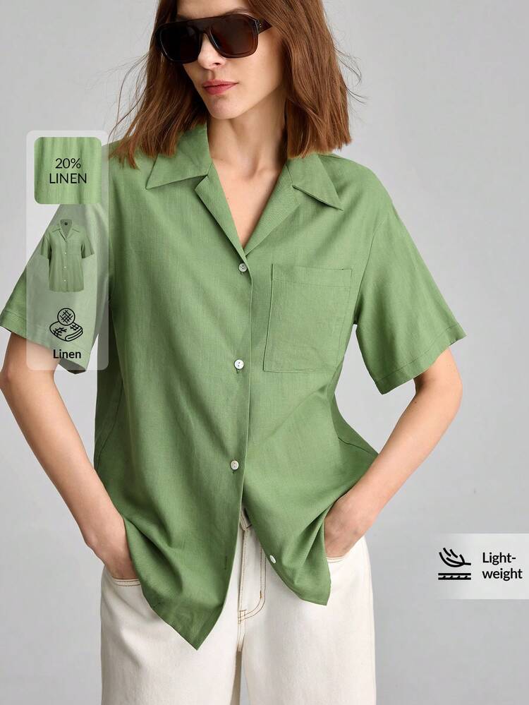 2026 Summer New Green Single-Breasted Short Sleeve Pocket Casual Shirt, Suitable For Urban Commuting, Vacation, Beach, Music Festival, Spring/Summer Outfit, Minimalist Fashion, Urban Commuting, Elegant Simplicity, Summer Styling