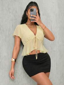 Eryvara Blusa de manga corta para mujer, de moda y cómoda para ir al trabajo en primavera/verano, con cierre de lazo y ribete de volantes - Amarillo - Ver 7