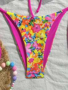 Swim Mod 春夏季數位印花鋼圈托高細肩帶上衣與側綁泳褲女款可愛度假海灘比基尼套裝 - 彩色 - 查看 6