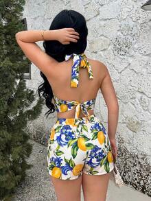 SHEIN SXY 波西米亞度假印花掛脖上衣 - 黃色 - 查看 2