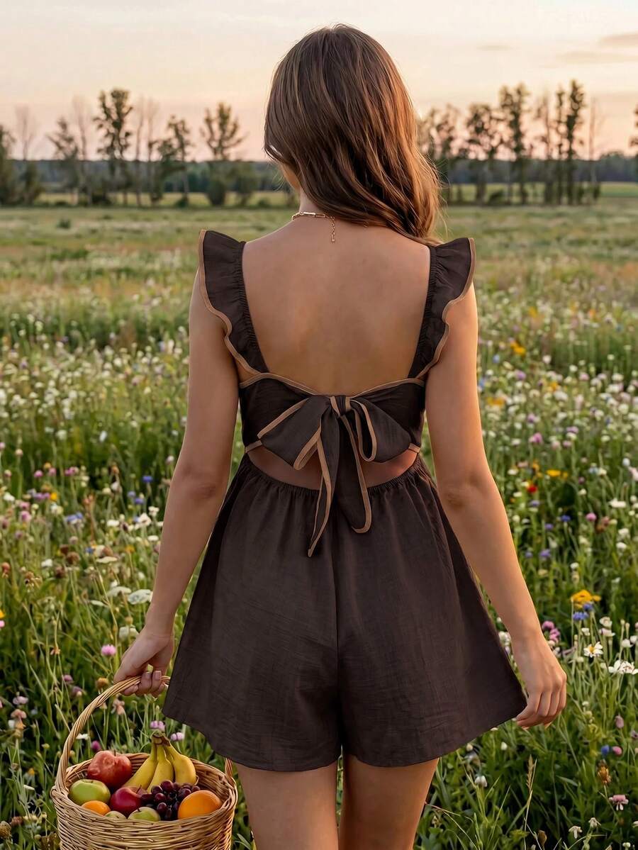 SHEIN Jumpsuit Hamil Tanpa Lengan dengan Tali Depan dan Punggung Terbuka, Warna Polos, Musim Panas - Coklat - View 1