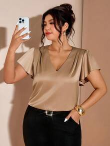 Cravure Plus Size Solid V-Neck Satin Fabric Elegant Short Sleeve Blouse, Spring/Summer - Khaki - View 5