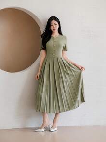 DAZY Đầm dài ngang gối xếp ly thanh lịch, kiểu dáng thường ngày dành cho nữ, thích hợp cho mùa xuân và mùa hè. - màu xanh lá - Xem 1