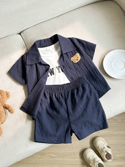 SHEIN Vintaside Kids 男婴夏季蓝色套装，时尚翻领短袖开衫搭配短裤，简约风格，宽松版型，适合外出、休闲、日常运动、派对活动