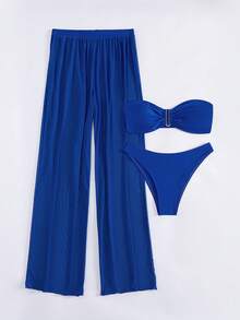 Bonvoyette Summer Beach U Wired Bandeau Bikini With Beach Pants - Royal Blue - View 5