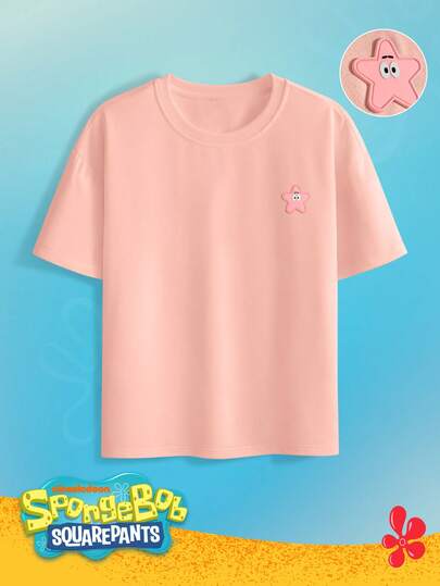 SpongeBob SquarePants | SHEIN Men's Casual Cute Cartoon Patch Round Neck Short Sleeve T-Shirt, Summer
