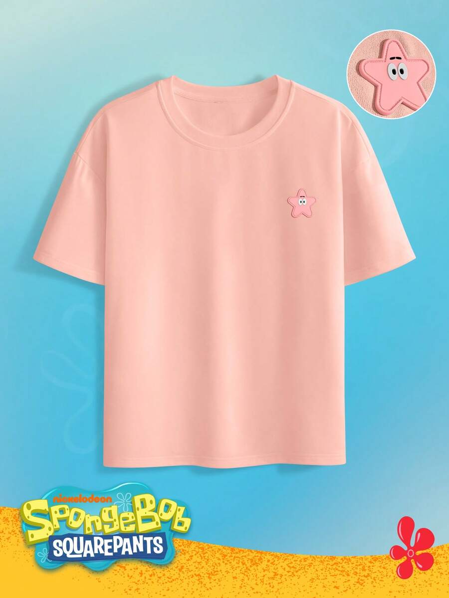 SpongeBob SquarePants | SHEIN Manfinity Hypemode 男士休閒可愛卡通貼布圓領短袖T恤,夏季,度假 - 粉色 - 查看 1