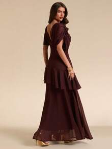 SHEIN BAE Women's Solid Brown Deep V-Neck Sheer Ruffle Hem Maxi Chiffon Dress, Elegant For Spring/Summer - Burgundy - View 4