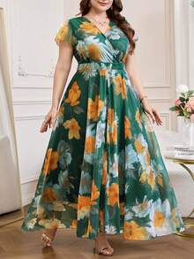 SHEIN Clasi Đầm cỡ lớn in hoa, tay ngắn, kiểu vạt chéo, eo nhún. - màu xanh lá - Xem 7