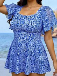 Swim Lushoire Plus Size Women's Pink Ditsy Floral Short Sleeve Tankini Swimsuit - Multicolor - View 4