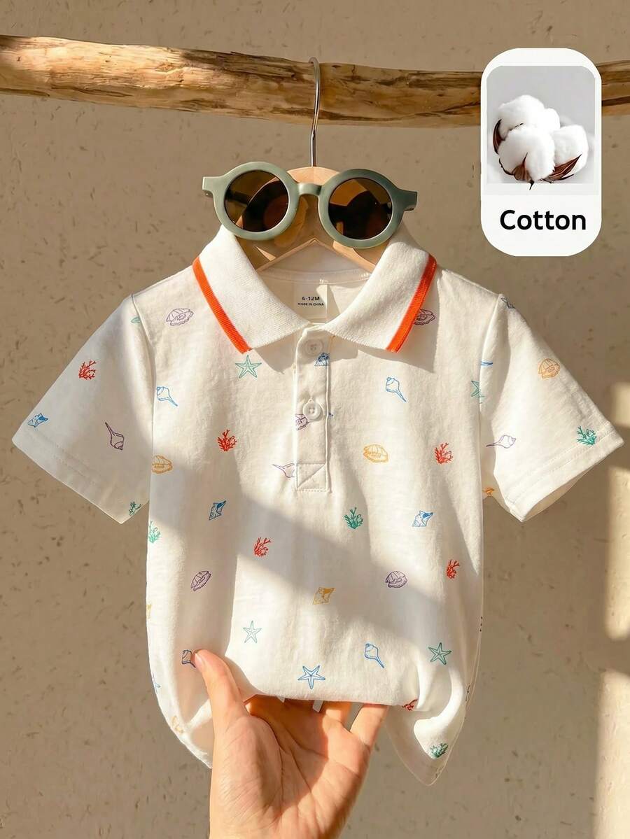 SHEIN LMoss Kids 男宝宝夏季休闲可爱恐龙图案撞色针织短袖polo衫,适合生日派对、晚宴、演出、婚礼、满月庆典、洗礼、周岁生日派对、迎婴派对等场合。 - 彩色 - 查看 1