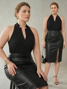 MOTF PREMIUM TOP SIN MANGAS NEGRO DE DISEÑO MINIMALISTA CON CUELLO ENTALLADO PARA MUJER TALLA GRANDE - Negro - Ver 9