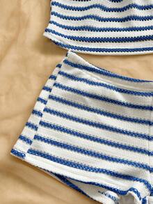Soleia Women's Blue And White Stripe Halter Top And Shorts Casual Coastal 2 Pieces Set, Summer Outfits For Women Beach - Blue and White - View 4