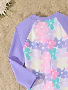 SHEIN 1件装 女童美人鱼印花长袖连体泳衣 - 紫色 - 查看 4