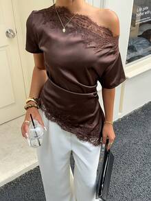 Aloruh Women's Commuter Shoulder Ruched Lace Patchwork Blouse,Summer Top - Brown - View 1