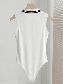Elegante body versátil con cuello vuelto y media cremallera en punto blanco, body de mujer para primavera/verano, ideal para vacaciones y playa - Blanco 2 - Ver 2