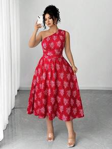 SHEIN Clasi 大码女式优雅蓝白碎花针织长裙，适合返校、毕业典礼、情人节、音乐节、母亲节、万圣节、感恩节、复活节、国庆节、舞会、约会派对、婚礼季、户外旅行等场合。 - 紅色 - 查看 6