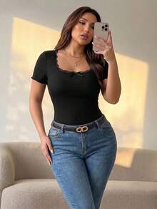 Hourglow Emily_louise_swain Plus Size Scoop Neck Lace Trim Ribbed Slim Fit Short Sleeve T-Shirt, Summer, For Hourglass Body Shape - Black - View 1