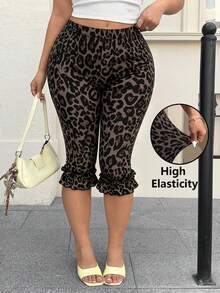 Muchica Plus Size Women Leopard Print Ruffle Hem 7/8 Leggings - Multicolor - View 3