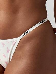 Missguided x Playboy Quần lót lọt khe in hình thỏ cạp chun vải gân cạp trễ cắt cao thời trang Y2K phong cách retro họa tiết hồng - trắng - Xem 5