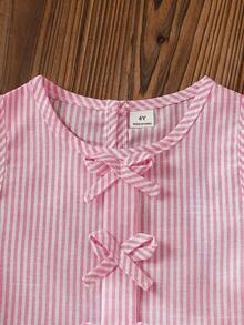 SHEIN Young Girls' Round Neck Sleeveless Ruffle Bow Decor Summer T-Shirt Set - Pink - View 5