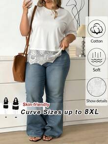 SHEIN CURVE+ 大尺碼女款白色棉混紡T恤，蕾絲下擺短袖圓領夏季上衣，絲滑休閒時尚日常穿搭情人節派對上衣 - 白色 - 查看 1