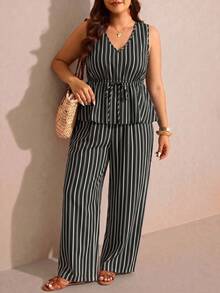SHEIN Essnce 大码女式V领条纹上衣和裤子休闲套装 - 彩色 - 查看 5