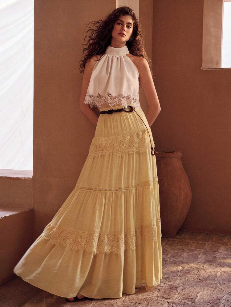 WOMEN'S EMBROIDERED CONTRAST LACE A-LINE SKIRT, SUITABLE FOR VACATION, SPRING/SUMMER