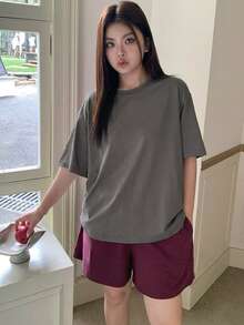Dazy Plus 两件套休闲家居服，宽松短袖上衣和松紧腰短裤，春夏大码女式睡衣 - 灰色 - 查看 5