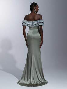 Elitara Elegant Minimalist Classical Design Woven Off-Shoulder Romantic Pleated Double-Layer Mermaid Hem Formal Evening Gown - Green - View 5