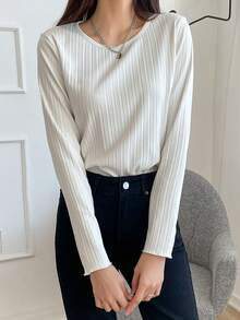 DAZY Ribbed Knit Lettuce Trim Tee,Fall Clothes Long Sleeve Women Tops - White - View 5