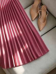 SHEIN Raffinéa Dusty Rose,Summer,Elegant,Brunch Pearl Button Square Collar Puff Sleeve Shirt & Caramel Brown Pleated Maxi Skirt 2-Piece Set, Commuting Set - Pink - View 6