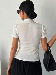 DAZY 女士高领修身纯色短袖T恤 - 白色 - 查看 4