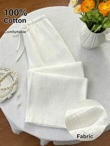 Resyla Pantalones casuales de pierna ancha con cintura de cordón texturizado para mujeres - Blanco - Ver 1