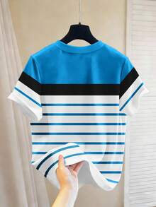 Manfinity Hypemode Men's Retro American Style Striped Navy Contrast Patchwork Embroidery Casual Loose Crew Neck T-Shirt, Holiday - Multicolor - View 2