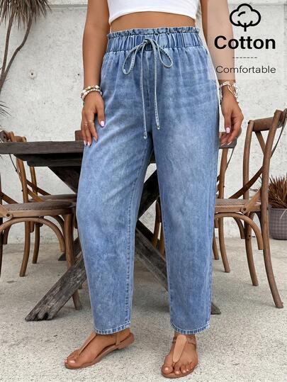 SHEIN VCAY Quần jeans ống côn dáng suông, chất liệu wash, cỡ lớn, kiểu dáng thường ngày.
