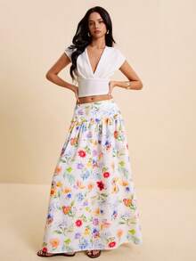LOTSLUV Women's Elegant Vaquera Tropical Lovely Boho Summer Vacation Long Skirt - White Floral Base With Ditsy Print Ruffled Smocked Waist Loose Casual Party - Multicolor - View 6