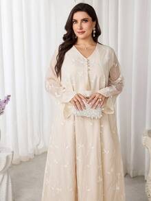 Al Najma Plus Size Women's Elegant Arabic Style Dress With Floral Embroidery And Tassel Design - Apricot - View 8