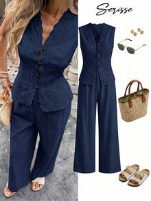 Serisse Women's French Lace Patchwork Button Camisole And Casual Pants 2 Pieces Set,Summer Outfits For Women - Navy Blue - View 7