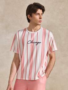 Conjunto de camiseta de manga corta con estampado de letras y rayas rosa & blanco y pantalones cortos con cintura de cordón y bolsillos para tu novio tenista - Rosa - Ver 4