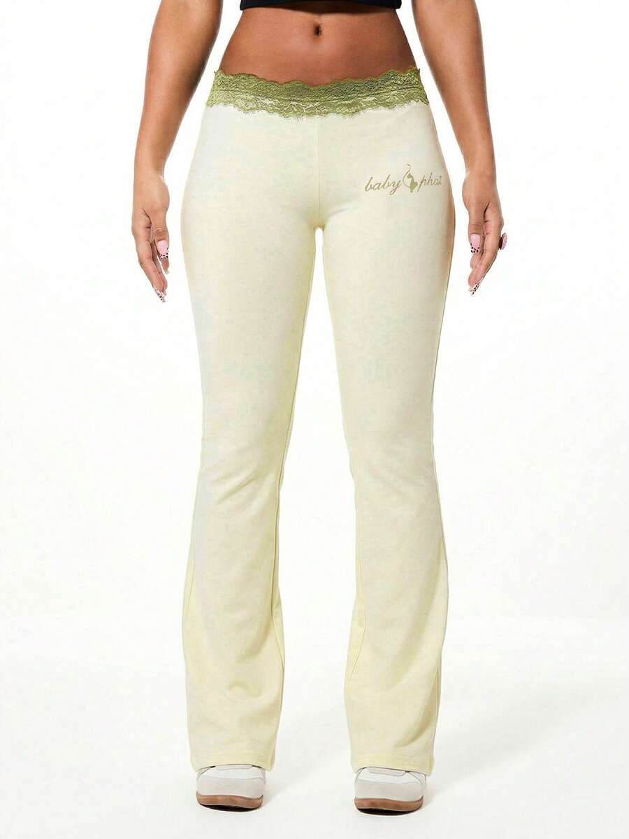 BABYPHAT Calça legging flare de cintura alta com detalhe de renda na cintura e cós verde-oliva, ideal para yoga e ideal para o outono/inverno. - Creme - Ver 1
